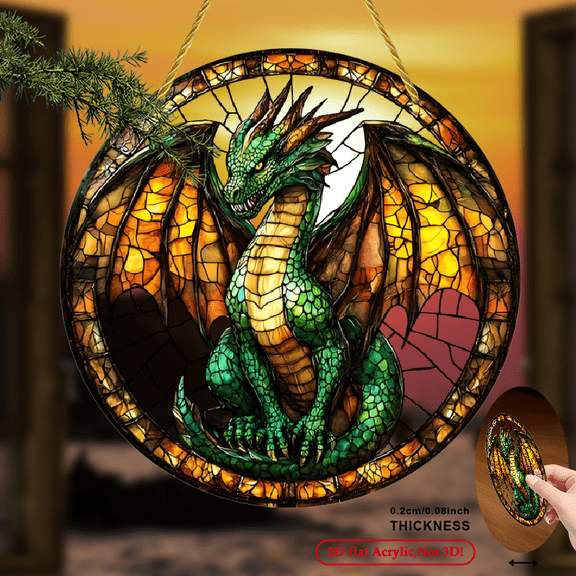 2D Flat, 1pc Green Dragon Sun Catcher Acrylic Round Wall Decor, Fantasy Mythical Creature Stained Hanging Art for Living Room Garden, Vibrant Colorful Window Decoration, 8*8inch.