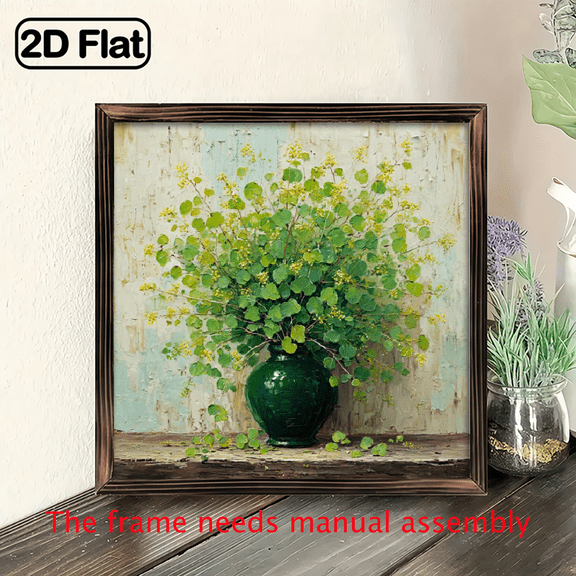2D Flat, 1pc Green Vase with Leafy Plants Botanical Wall Art - Artificial Wood Framed Panel 8x8inch landscape Green Foliage Vase - Modern Farmhouse Decor for Living Room.