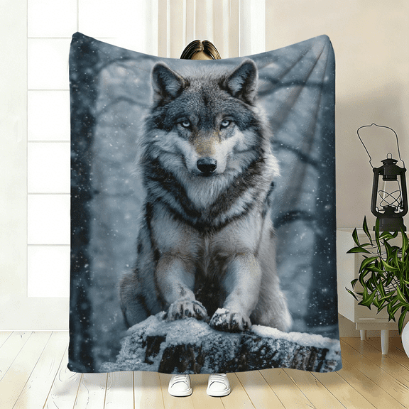 2D Flat 1pc Grey Wolf HD Printed Blanket. Soft and Warm Flannel Blankets for Travel, Camping, Sofa, Livingroom, Couch, Chair, Bed, Bedroom.