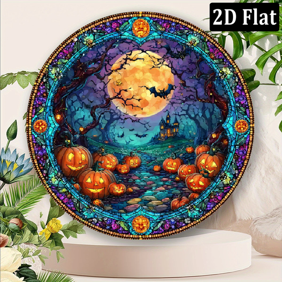 2D Flat, 1pc Halloween Art Deco Aluminum Sun Catcher - 8x8 Inch, Bats Skeletons Stained Glass Window Hanging with Jack-O'-Lanterns, Full Moon, and Haunted House Design, Vibrant Colors for Festiv