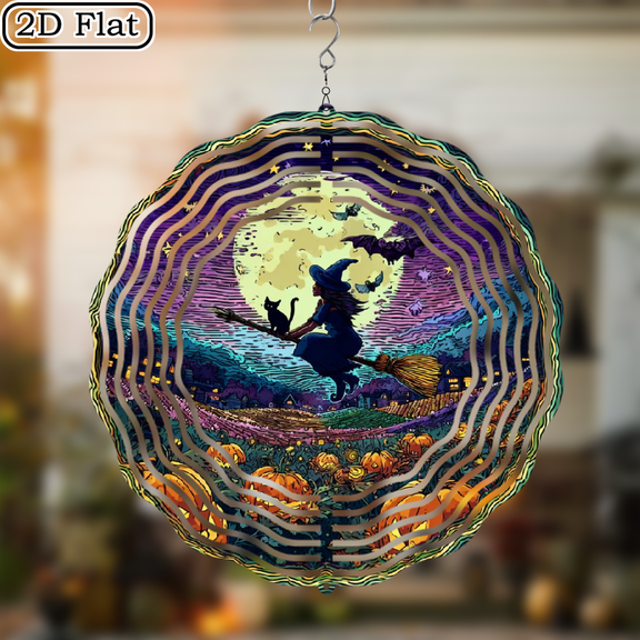 2D Flat, 1pc Halloween Metal Wind Chime with Flying on Broomstick, Pumpkins Full Moon Design - Outdoor Garden Decor for Halloween, Christmas, Thanksgiving - Durable Metal Art, Holiday Yard Art M