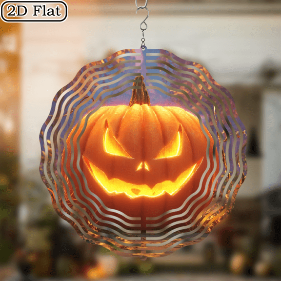 2D Flat, 1pc Halloween Metal Wind Chime with Pumpkin Autumn Leaves Design - 10x10 Inch OutdoorIndoor Decorative Wind Chime, 360 Rotating Garden Ornament, Battery-Free Holiday Gift for Halloween Ch
