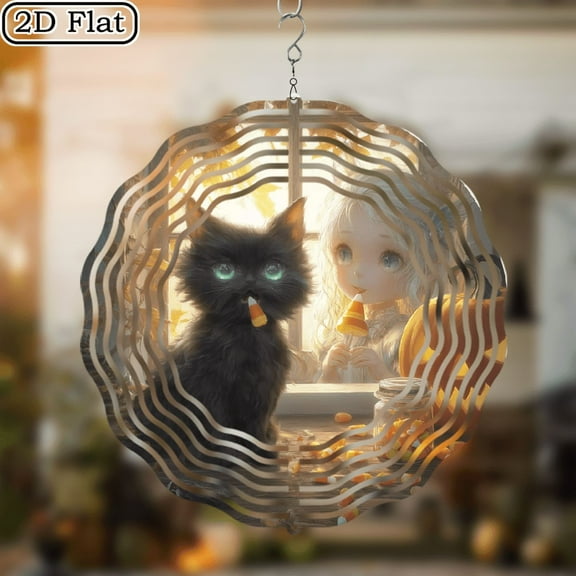 2D Flat, 1pc Halloween-Themed Metal Wind Chime -  Inch Spooky Cat Pumpkin Design, 360 Rotating Outdoor_Indoor Hanging Decor with Hook, No Batteries Needed, Perfect Gift for Halloween Christmas Home