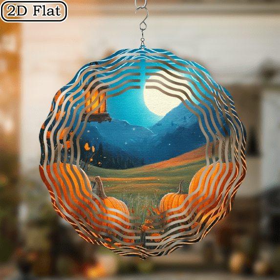 2D Flat, 1pc Halloween Wind Chime Decor - Pumpkin Harvest Decoration with Autumn Landscape - Large 10Inch Metal Hanging Ornament for IndoorOutdoor - Christmas, Halloween Party Decoration - Perfect