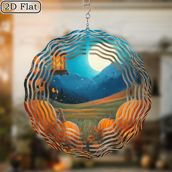 2D Flat, 1pc Halloween Wind Chime Decor - Pumpkin Harvest Decoration with Autumn Landscape - Large 10Inch Metal Hanging Ornament for IndoorOutdoor - Christmas, Halloween Party Decoration - Perfect