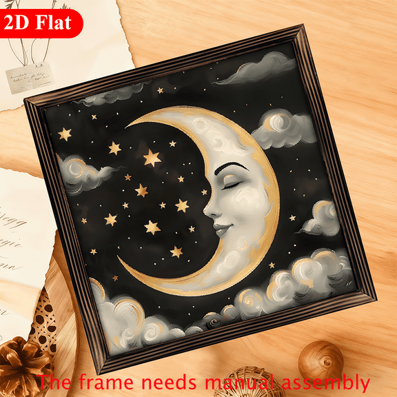 2D Flat, 1pc Halloween Wooden Wall Decor - Rustic Farmhouse Moon Clouds Night Sky Sign with Golden Stars, Dark Background - Wood - Pre-Drilled Hanging Hole - for Home, Office, Cafe, Party - Hallow