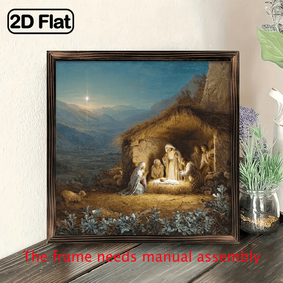 2D Flat, 1pc Hand-Painted-Like Wood Nativity Scene Wall Decor - Large 8x8 Inch Religious Christmas Manger Figure Picture with Mary,, Jesus, Angel Wise - Rustic Home Decoration Gift