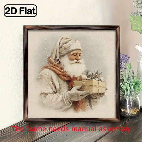 2D Flat 1pc Hand-Painted-Look Wooden Framed Santa Claus Wall Art - 8x8 Inch Vintage Oil Painting Style Christmas Decoration with Snow Scene Gift Box, Reusable Holiday Dcor for Home, Mantel, or Tab