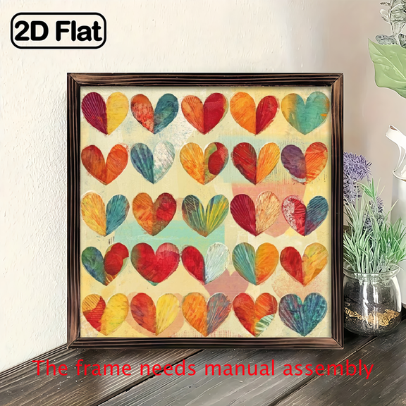 2D Flat, 1pc Hand-Painted Retro Heart Wall - Rustic Frame Poster Suitable for Wedding, Living Room, Bedroom, Office, Romantic Decor, 8x8inch Square shaped.