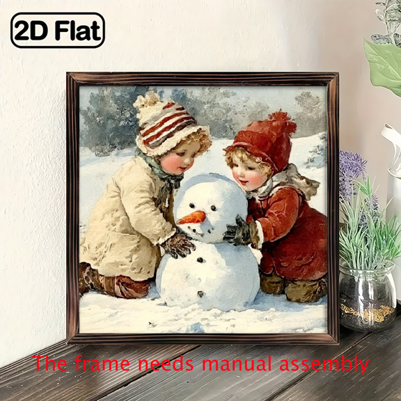 2D Flat, 1pc Hand-Painted-Style Snowman Winter Scene Wooden Wall Art Sign - Rustic Farmhouse Framed 8x8 (20x20cm) Wood, Children Building Snowman Painting for Christmas, Room, Party Decor - Ea