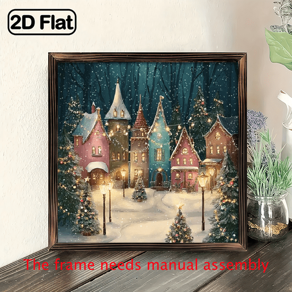 2D Flat, 1pc Hand-Painted Winter Snow Village Wooden Wall Art Sign - 8x8 Inch Rustic Framed Christmas Painting with Twinkling Lights Effect, Snowy Houses Pine Trees, Pink Golden Farmhouse Holiday