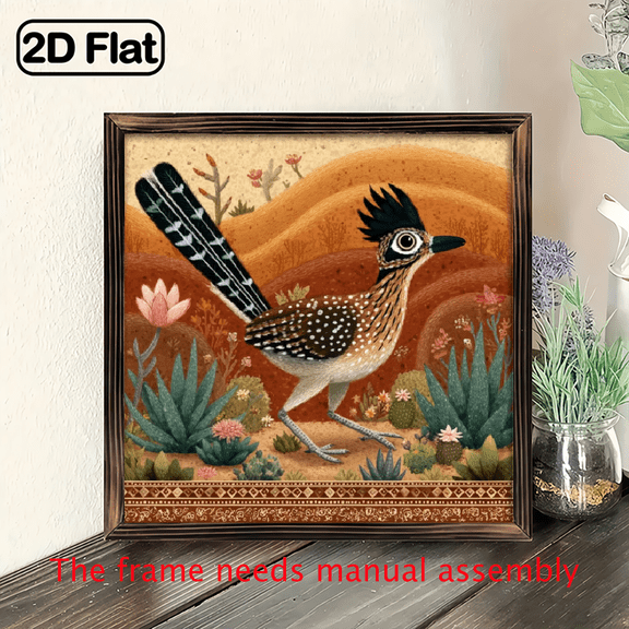 2D Flat, 1pc Handcrafted Southwestern Rustic Roadrunner Bird Desert Cactus Wall Art - Vintage Recycled Wood Frame Sign, 8x8 Inch Farmhouse Decor for Southwest, Desert Landscape, Cactus Turquoise Bird