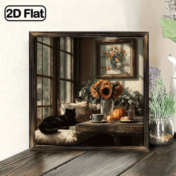 2D Flat, 1pc Hanging Decor Plaque 8x8 Inch, Window Autumn Scene Wall Decor, Black Cat Sunflowers & Pumpkin Cozy Farmhouse Art for Living Room Bedroom Kitchen, Rustic Fall Decor Gi