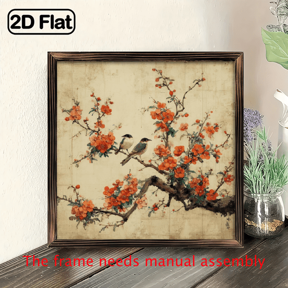 2D Flat, 1pc Hanging Sign Plaque, Oriental Watercolor Bird & Peach Blossom Tree Design, Rustic Vintage Wall Art Decor for Living Room Bedroom Office.8*8 inch,wooden board painting