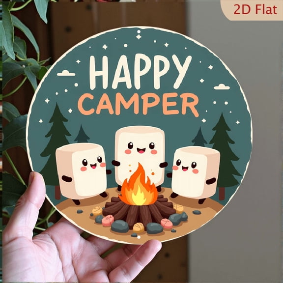 2D Flat, 1pc _Happy Camper_ Vintage Aluminum Wall Sign - 8*8_ Round, Multicolor, Featuring Cozy Campfire Scene with Smiling Marshmallow Characters - Ideal for Garage, Restaurant, Coffee Bar Living Roo