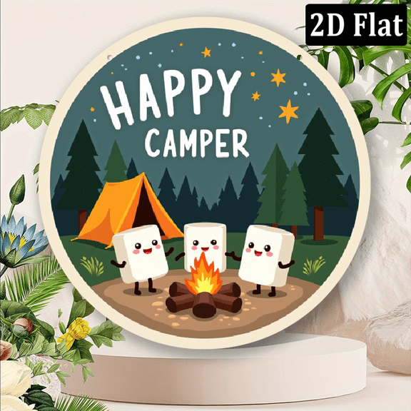 Happy CamperVintage Aluminum Wall Sign - Round, Multicolor, Featuring Cozy Campfire Scene with Smiling Marshmallow Characters - Ideal for Garage, Restaurant, Coffee Bar Living Roo