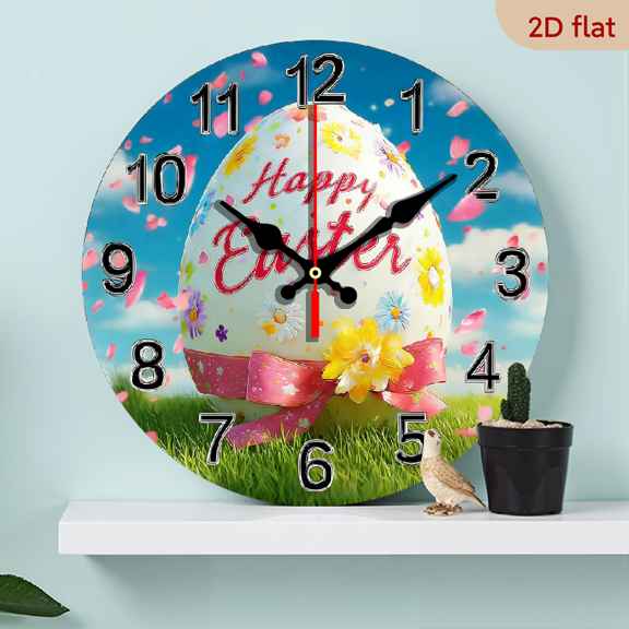 2D Flat, 1pc, Happy Easter Backdrop Clock10inch Wood Veneer Europe and America Style Round Silent Flat Wall ClockAdd Joyful Time to Your Study Or Living Room, Perfect Gi