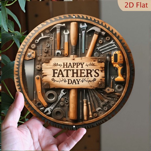 2D Flat 1pc Happy Father's Day Sign with Tool Design - Round Wall Hanging Decor for Garage, Patio, Room , Transverse Orientation, No Electricity Needed, Featherless - Gift  8*8inch