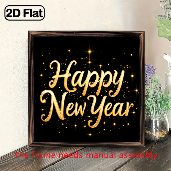 2D Flat - 1pc Happy New Year Golden Text Wooden Frame Sign Rustic Holiday Decor, Golden Glitter Design, Premium Wood Material, Solid Wood, Ideal for Living Room, Bedroom, Office, Home Entryway, A