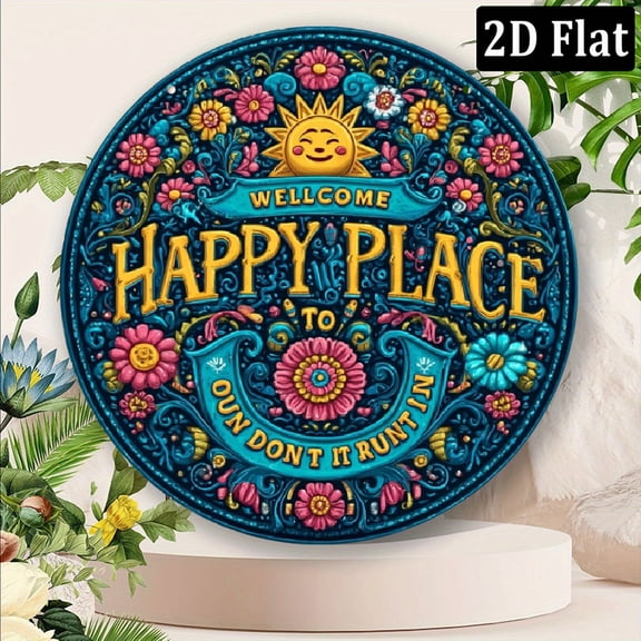 2D Flat 1pc Happy Place Sun Metal Sign, 'Welcome To My Happy Place', Lively and Fun Metal Sign 8X8 Inch Aluminum Wall Art Sign, Suitable For Decorating Private Leisure Spaces