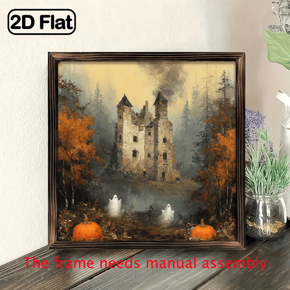 2D Flat 1pc, Haunted Castle with Ghosts Painting, Spooky Forest Wooden Framed Sign Halloween Wall Art Dreamy Wall Decor for Halloween Home Entryway Living Room Decorative Signs Plaques 8x8 Inch
