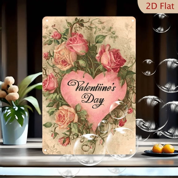 2D Flat 1pc Heart of Roses Vintage Iron Plaque Sign, 8x12 Inch, Romantic Valentine's Day Spring Decor, Pink Rose Design, Wall-Mounted Home Decor for Bedroom Cafe.