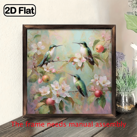 2D Flat, 1pc Heart Shaped Hummingbird Art Hanging Sign Decor, 8x8 inch square shaped wooden board painting, Floral Bird Painterly Wall Plaque for Living Room.