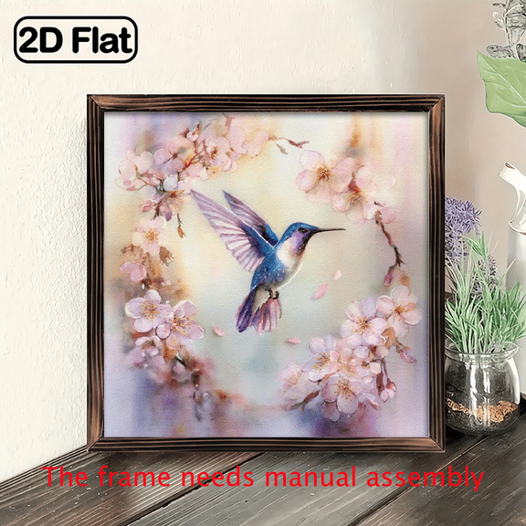 2D Flat, 1pc Heart Shaped Hummingbird Cherry Blossom Watercolor Art Hanging Sign, 8x8inch Heart Shaped Acrylic Decorative Plate, Elegant Home Decor for Window Garden Patio Living Room.