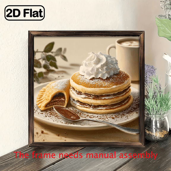 2D Flat, 1pc Heart Shaped Pancakes & Whipped Cream Dessert Sign for Kitchen Dining Room Cafe Decor, Delicious Sweet Food Theme Home Wall Hanging Art Gift for Foodies Friends Bakers, 8x8 Inch