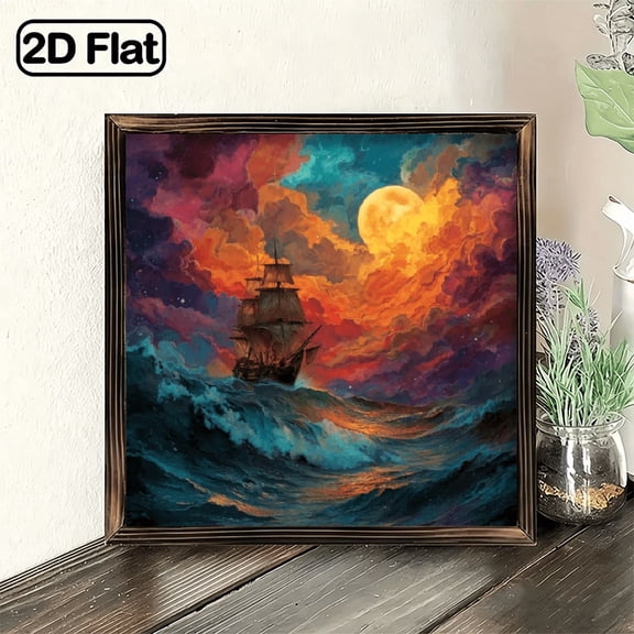 2D Flat, 1pc Heart Shaped Pirate Ship Art Plaque, Hanging Heart Decor Plaque 8x8 Inch, Ocean Sunset Seascape Wall Decor for Living Room Bedroom Office Patio Garden Fence, Unique Gift for Ocea