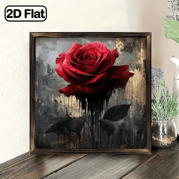 2D Flat, 1pc Heart Shaped Red Rose Grunge Wall Sign, Hanging Decorative Sign 8x8 Inch, Distressed Vintage Floral Hanging Plaque for Front Door Home Decor, Living Room Bedroom Entryway, Perfec