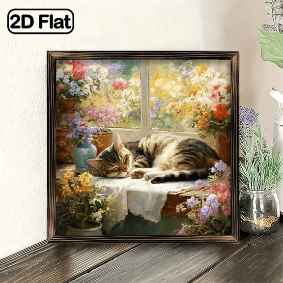 2D Flat, 1pc Heart Shaped Sleeping Cat Window Painting, 8x8 Inch Heart Shaped Hanging Decor Plaque, Floral Cozy Kitten Outdoor Garden Yard Sign, Front Door Decor for Cat Lovers, Friends, Fami