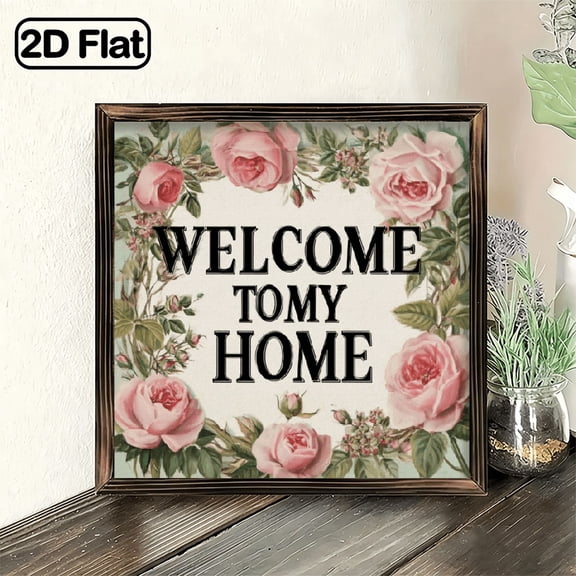 2D Flat, 1pc Heart Welcome Sign, Hanging Heart Decor Plaque 8x8 Inch, Shabby Chic Floral Rose 'WELCOME TO MY HOME' Quote Plaque for Front Door, Garden Gate, Patio, Home Entrance Decor, Housew
