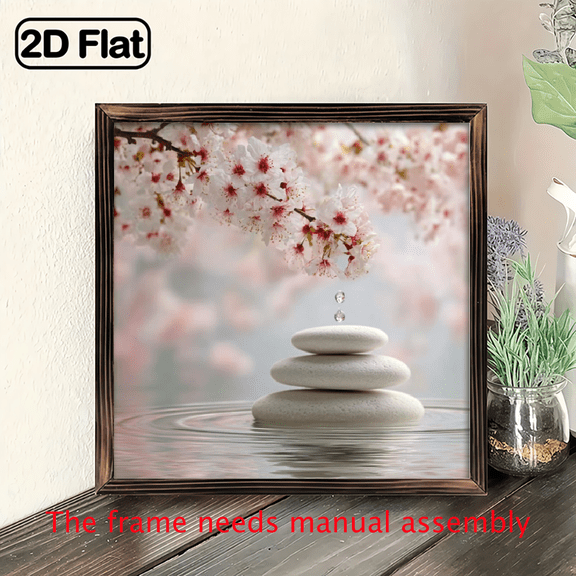 2D Flat, 1pc Heart Zen Stone Cherry Blossom Wall Plaque, Hanging Decor 8x8 Inch Wall Plaque, Tranquil Spa Theme Hanging Sign for Home Living Room Bedroom Bathroom Decor, Relaxation Gift for