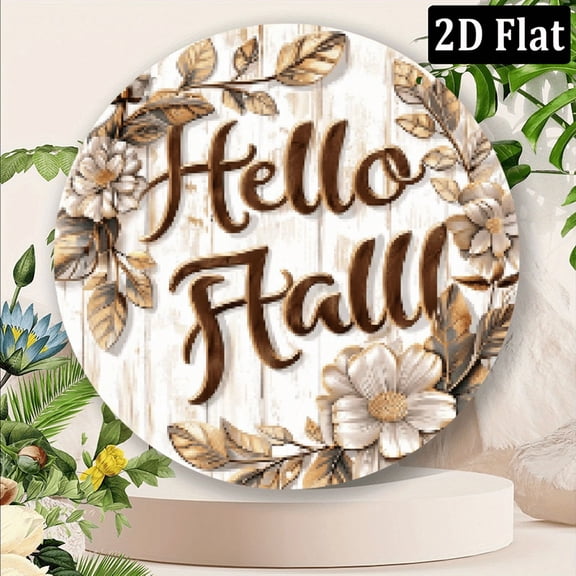 2D Flat, 1pc Hello Fall Floral Wreath Aluminum Sign - 8x8 Inch, Resistant, Easy-Hang for IndoorOutdoor Autumn Decor, Rustic Background with White Flowers, Fall Decorations for Home