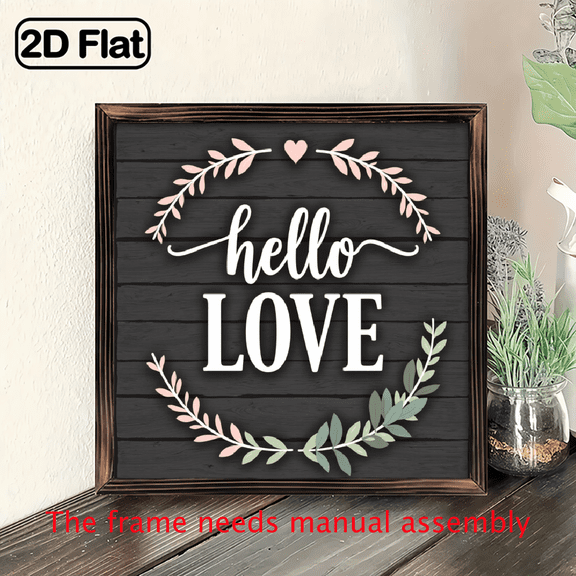 2D Flat, 1pc Hello Love Wood Framed Sign Rustic Wall Decor with 'Hello Love' Cursive Lettering Wood Frame Art Farmhouse Hanging for Living Room, Kitchen, Office, 8x8 Inch