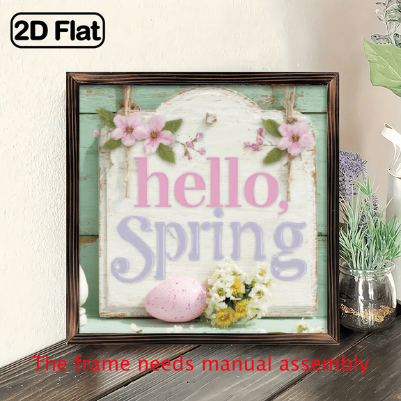 2D Flat 1pc Hello Spring Framed Wood Sign - Vintage Farmhouse Wall Art with Distressed Mint Green Finish, 8x8 Inch Recycled Wood Hanging Decor for Easter, Housewarming Gift, Bedroom, Wooden