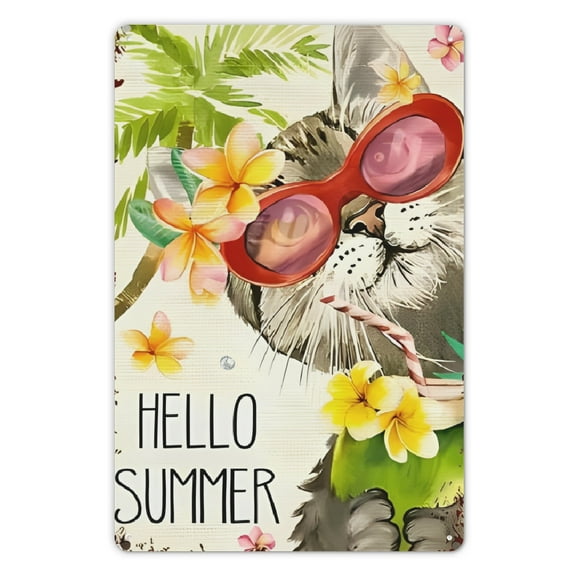 2D Flat, 1pc Hello Summer Flower Cat Metal Tin Sign Wall Decor - 8x12 Inch Retro Vintage American Style with Tropical Palm Leaves & Hibiscus Flowers, Indoor/Outdoor