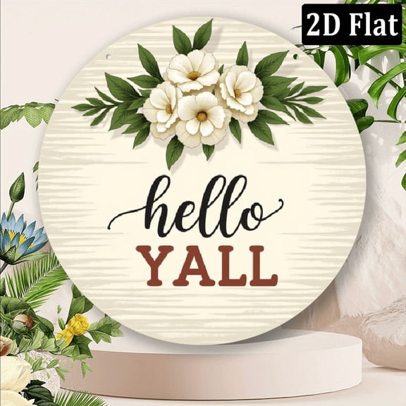 2D Flat, 1pc Hello Y'all Magnolia Floral 8x8inch Aluminum Metal Sign - Rustic Burlap-Textured Circle with Golden Accents, Wall-Mounted for Home Autumn Decor, Fall Decorations for Home