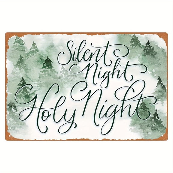 2D Flat 1pc Holy Night Christmas Metal Sign Silent Night Holy Night Religious Christmas Decor with Elegant Script Vintage Holiday Wall Art in Green Beige Heavy Duty Construction 8 12 Inches