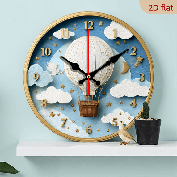 2D Flat, 1pc Hot Air Balloon Themed Round Wall Clock - Farmhouse Style Silent Non-Ticking Large Easy-to-Read Face with Hot Air Balloons Clouds Design - Artificial Wood Round Clock Suitable, Bedroo