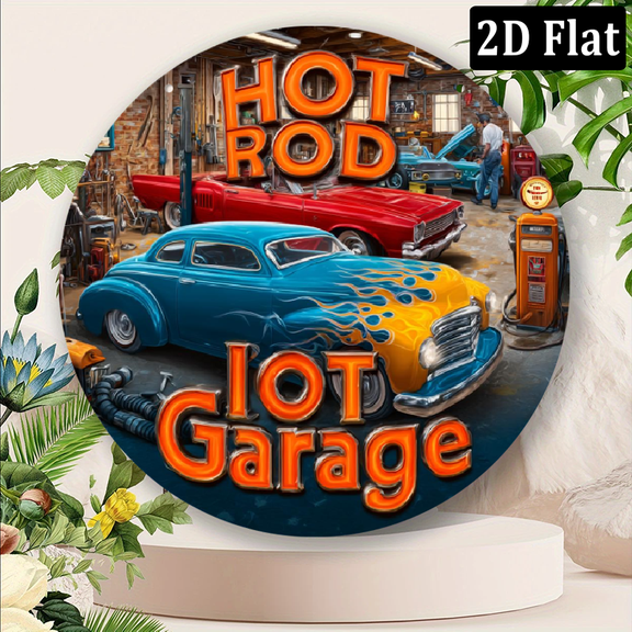 2D Flat, 1pc Hot Rod Garage Round Metal Sign - 8-Inch Vintage Racing Wall Art, Retro Aluminum Decor for Bar, Cafe, Club, Dorm, Unique Gift for New Year, Valentine's Day, Garage