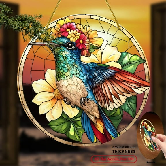 2D Flat, 1pc Hummingbird Flower Sun Catcher - Circular Acrylic Wall Art with Stained Glass Style, Vibrant Floral & Hummingbird Design, 3D Visual Effect - Wall-Mounted Window Decor for Garden, 8*8inch