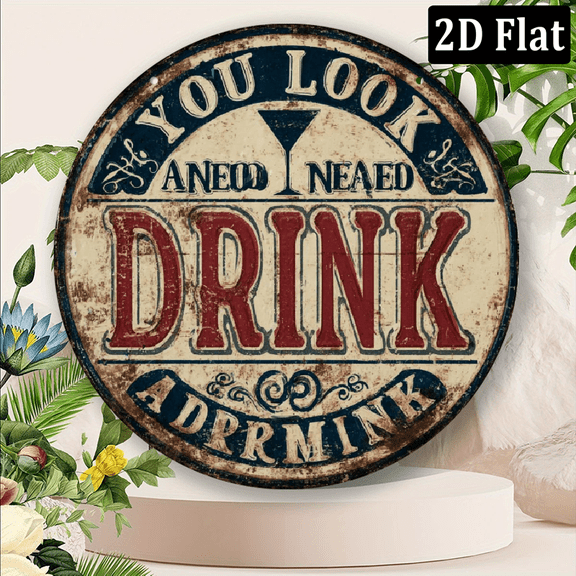 2D Flat, 1pc Humorous Beer Metal Sign You Look Like I Need Another Drink - Circular 8 Inch Aluminum Wall Art, Vintage Rustic Decor for Bars, Restaurants Home, Easy Wall-Mount