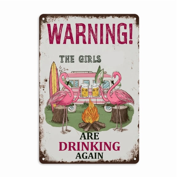 2D Flat 1pc Humorous Metal Sign 8*12inch Vintage-Inspired Wall Decor with Pink Flamingos Camper Van Scene Perfect for Outdoor, Garage, Porch, Cafe, for Man Cave