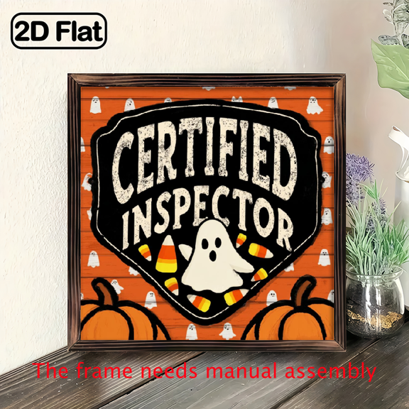2D Flat, 1pc Inspector Halloween Wooden Framed Sign - Rustic 8x8 Inch Wall Decor with Spooky Ghost Design for Halloween Parties, Farmhouse Kitchens, Living Rooms Entryways, Halloween Decorations
