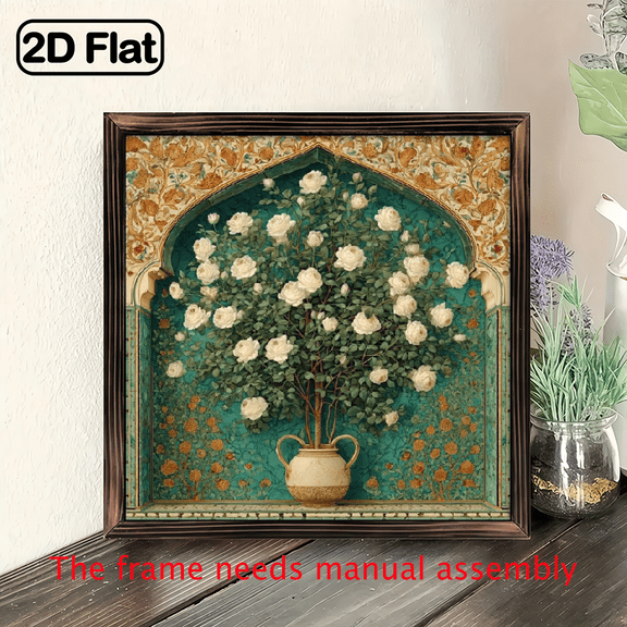 2D Flat, 1pc Islamic Persian Miniature Arch Tree of Life Wooden Wall Art - Vintage Regenerated Wood Frame, 8x8 Inch Hand-Painted Floral Design for Kitchen, Patio, Cafe, Bar Decor - Housewarming