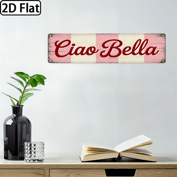 2D Flat, 1pc Italian-Inspired Ciao Bella Italian Phrase Wall Sign - Vintage Beige Pink Striped Metal Sign Decor with Red Cursive Letterin. 16*4in