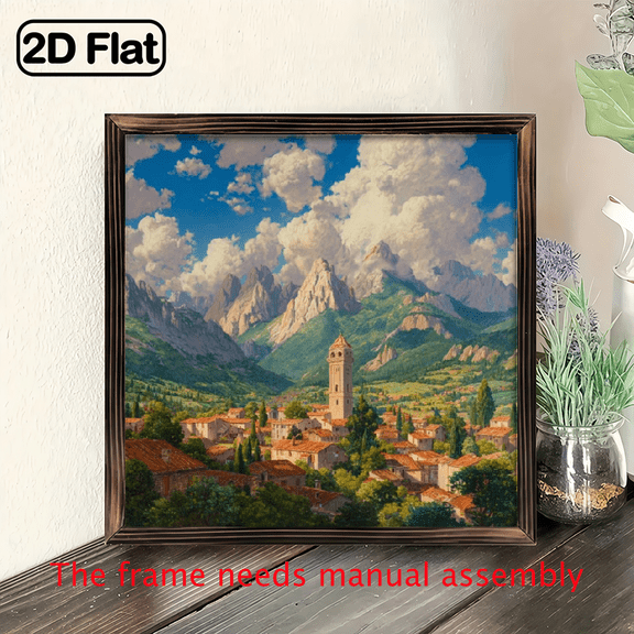2D Flat, 1pc Italian Village Mountain Landscape Wall Art - Tuscan Countryside Decor with Rustic Farmhouse Living Room, Kitchen, Office Decoration - Easy Hang No Wiring Needed - 8x8inch Square