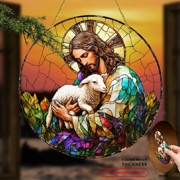 2D Flat, 1pc Jesus Holding Sheep Stained Glass-Style Acrylic Sun Catcher - Bohemian Religious Window Hanging Decor,  Vibrant Colorful Acrylic Art for Home Easter Decor,  8*8inch
